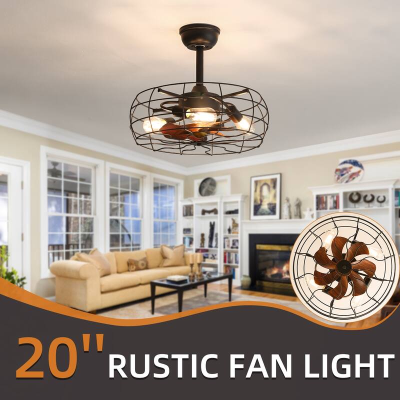 19inch Cage Retro Ceiling Fan with Lights, Remote Control or APP(Bulbs included) - black