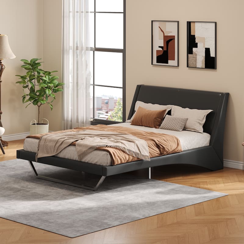 Christopher Knight Home - Persephone PU Leather Bed Frame with Wave-Like Curve Design and Trapezoidal-Shaped Leg - Black - Queen