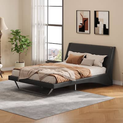 Christopher Knight Home - Persephone PU Leather Bed Frame with Wave-Like Curve Design and Trapezoidal-Shaped Leg