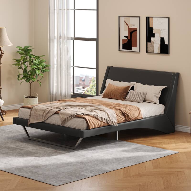 Wave-Like Curve Design Platform Bed Pu Leathe Upholstered Bed Frame Wooden Slat Support