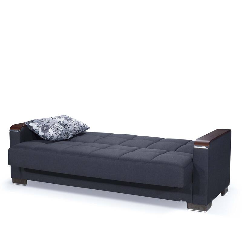 HomeRoots 87" Dark Blue Chenille Convertible Futon Sleeper Sofa And Toss Pillows With Storage