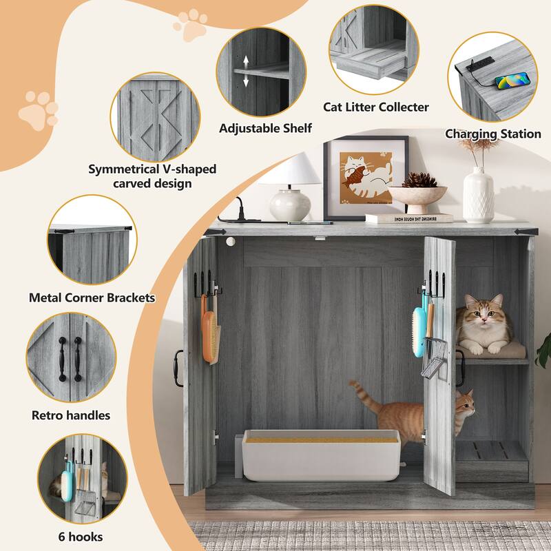 Cat Litter Box Cabinet with Power Outlet, Box Furniture for Automatic Litter Boxes, with Litter Catcher, Adjustable Shelves