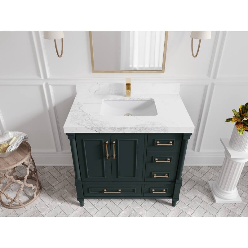 Willow Collections 36 in. W x 22 in. D Aberdeen Center Sink Left Bathroom Vanity with Countertop - 2" Calacatta Nuvo - Dark Forest Green