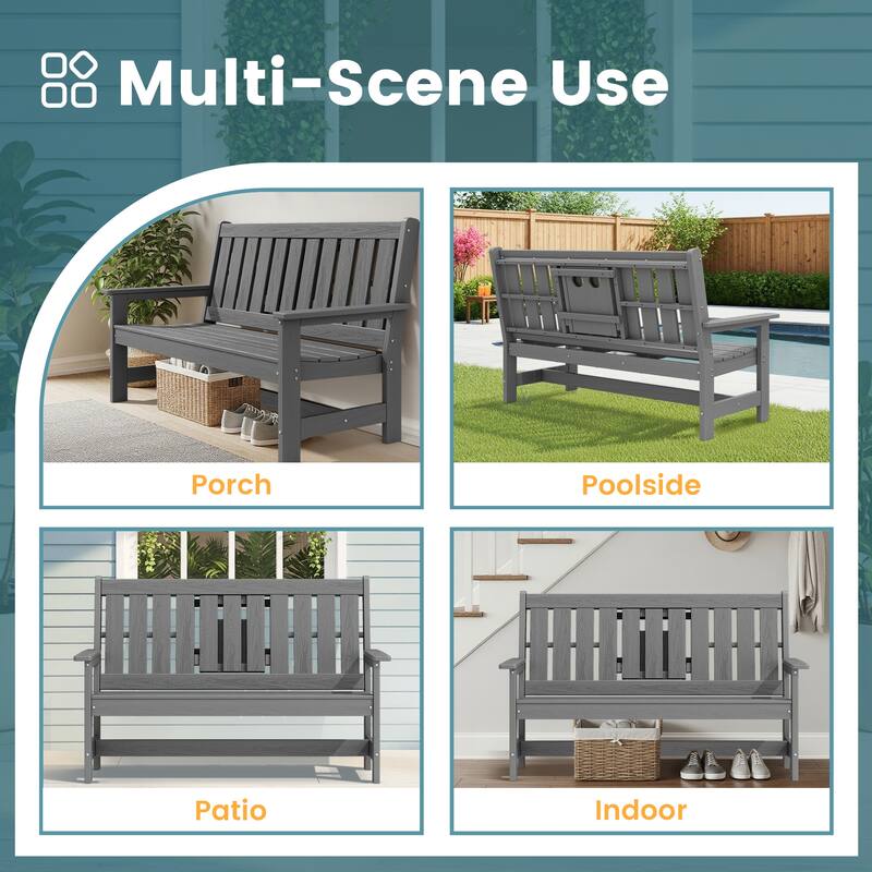 HDPE 2 Person Patio Bench with foldable Cup Holder and Functional Center Panel