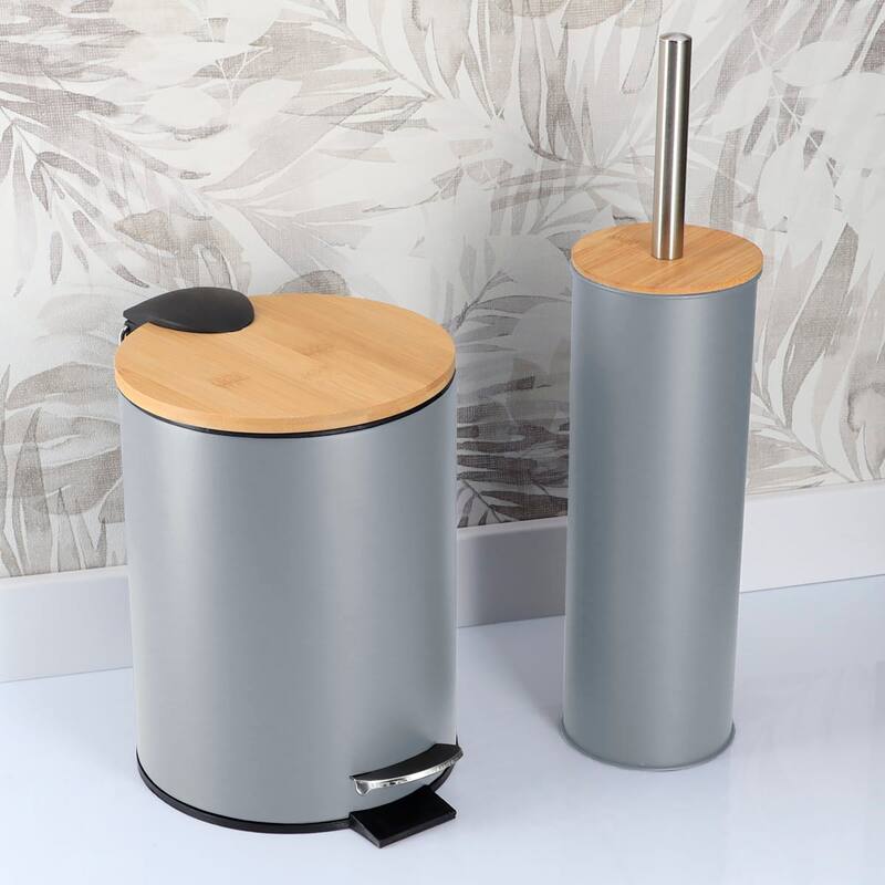 Bathroom Set with Bamboo Lid - Matte Metal Trash Can and Toilet Brush - 15.6" H x 11" L x 11" W