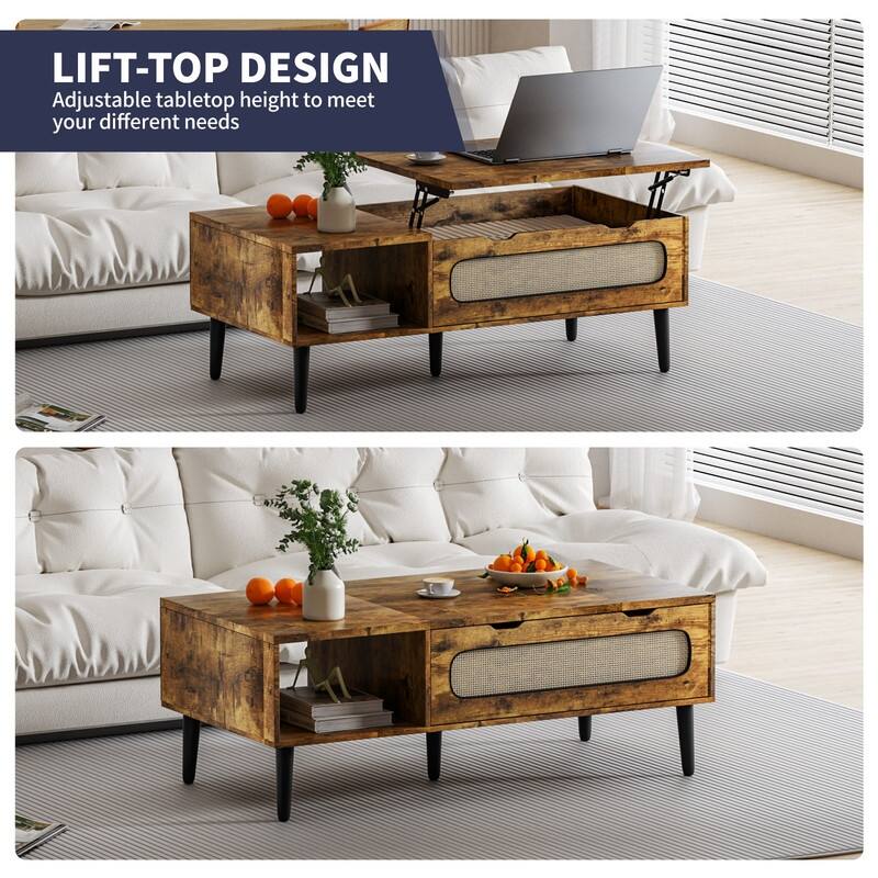 Mixoy 47" Lift Top Coffee Table with Storage and Hidden Compartment,Modern Wooden Center Table with Rattan Weaving Decoration