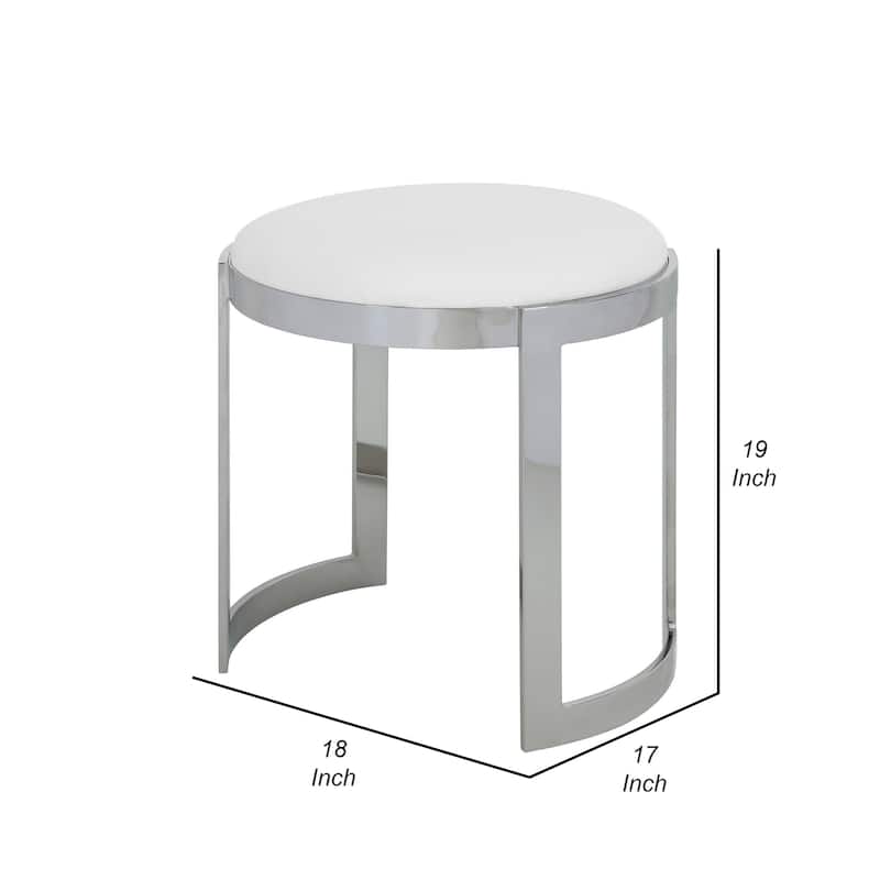 Niyo 19 Inch Accent Stool Ottoman, Round Seat, White Faux Leather, Silver