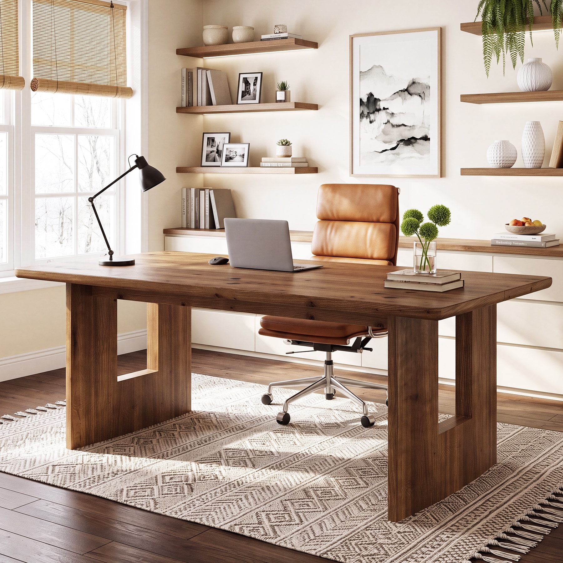 63-Inch Large Solid Wood Home Office Desk for Dual Monitors