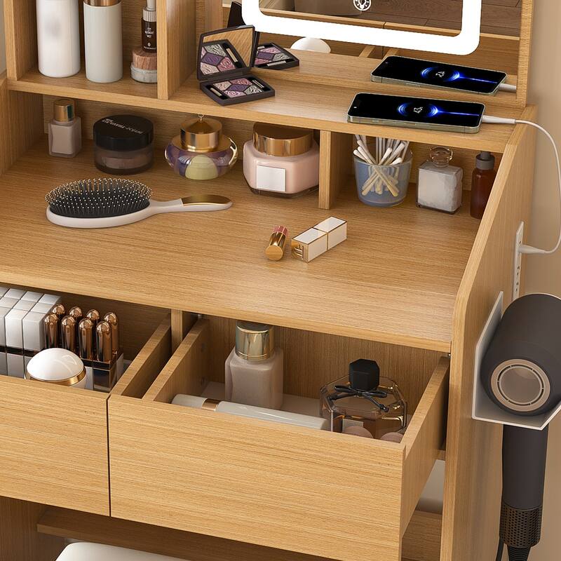 Vanity Table with LED-Illuminated Mirror, Power Outlet, Hairdryer Holder & Stool - Compact Dressing Desk for