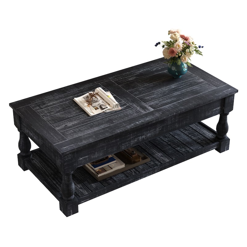 47" Farmhouse Lift Top Coffee Table with Fixed Shelf and 3 Hidden Storage Trays