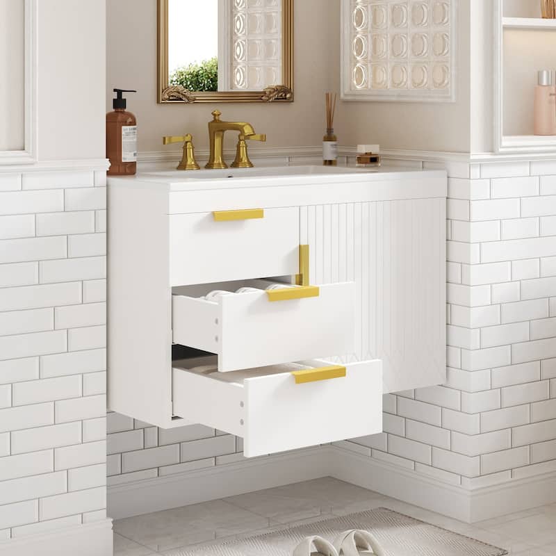 30" Wall Mounted Bathroom Cabinet with Integrated White Ceramic Sink - 30'' x 18.4'' x 20''