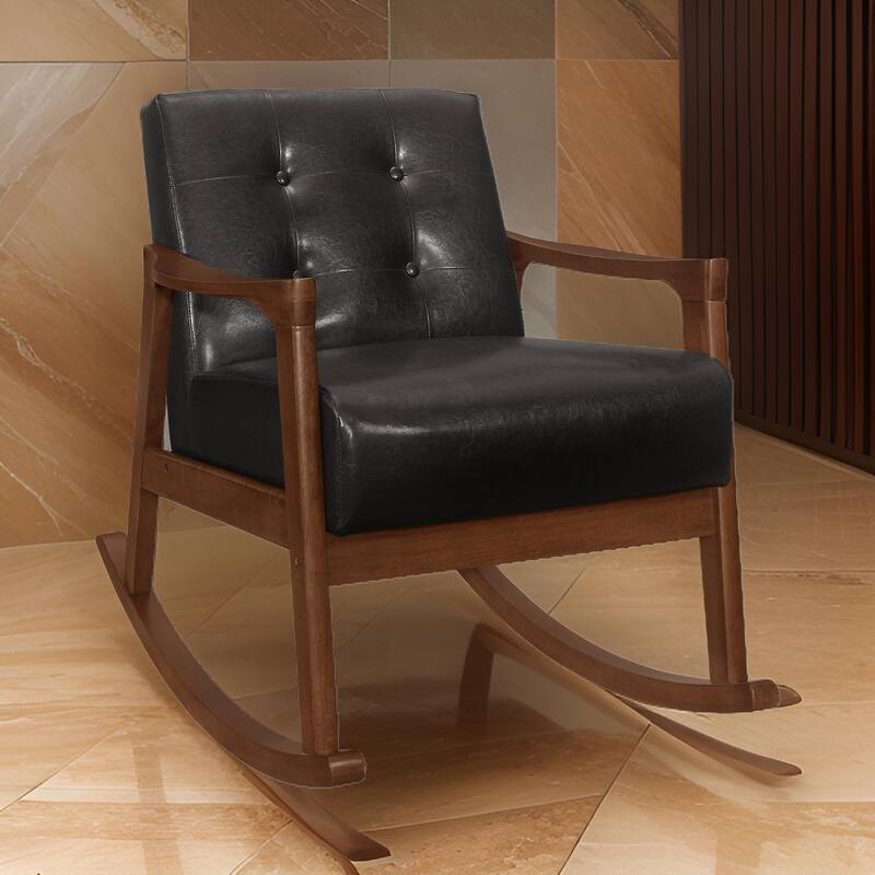 Ciao 37 Inch Rocking Chair Armchair, Dark Brown Faux Leather, Solid Wood