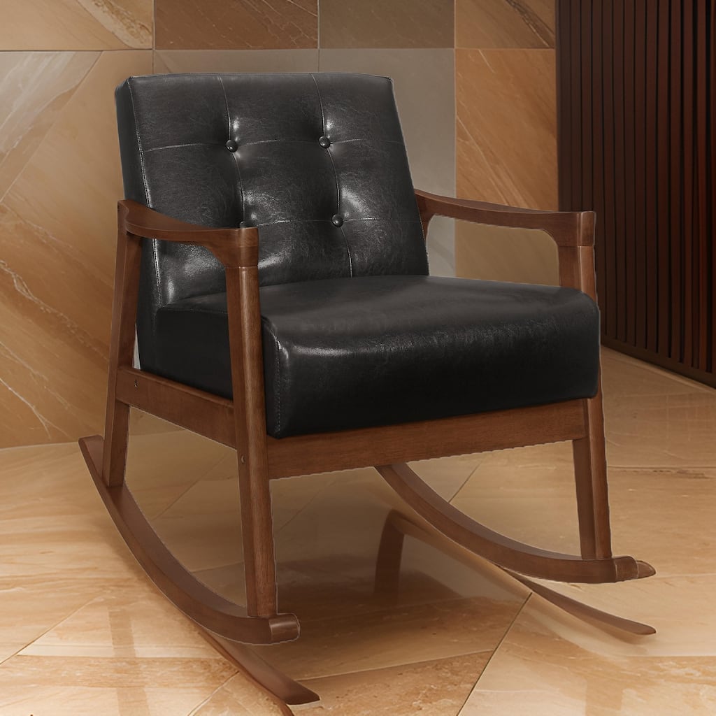 Ciao 37 Inch Rocking Chair Armchair, Dark Brown Faux Leather, Solid Wood