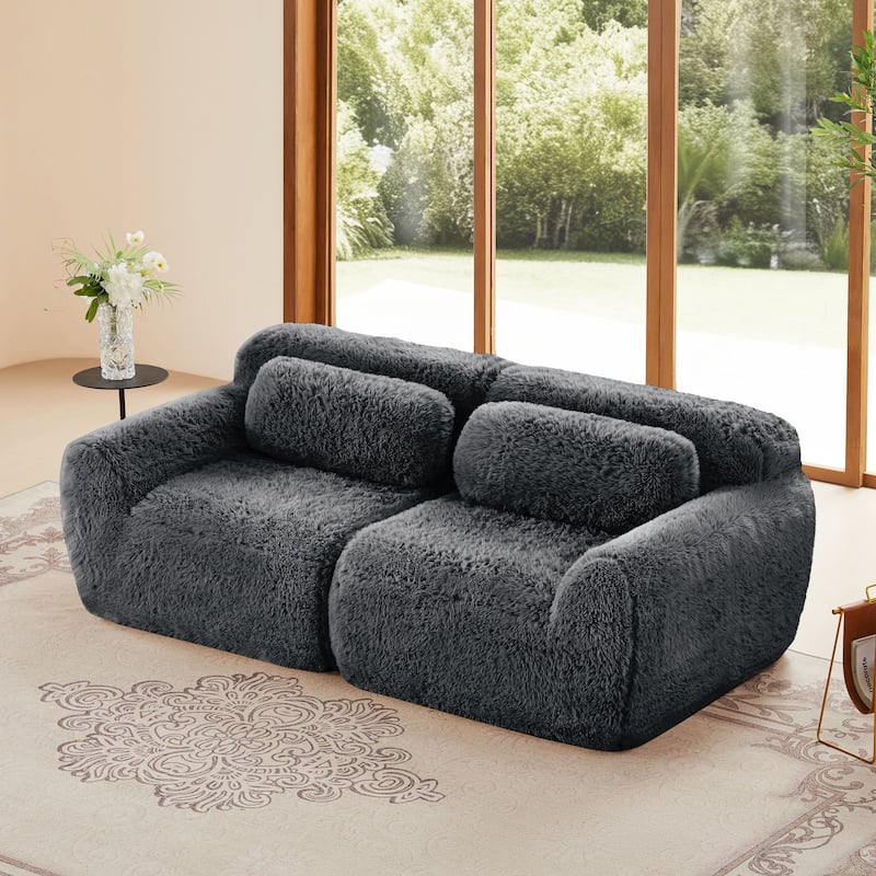 Rossetta 2-seater Soft Fluffy Plush Fabric Modular Sectional Sofa Couches with Throw Pillows, Bottom Anti-Slip Design