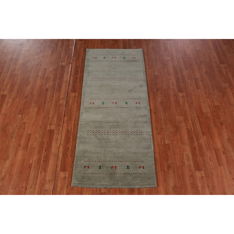 Hand Knotted Oriental 100% Wool Carpet Tribal Animal Pictorial Green Gabbeh Runner Rug - 6' 6'' X 2' 9''