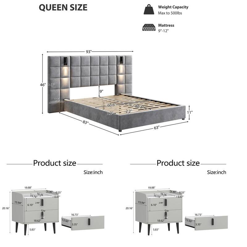 3-Pieces Bedroom Sets,Velvet Upholstered Bed with Grid Pattern Padded Headboard, Nightstands Set of 2 with 2 Drawers