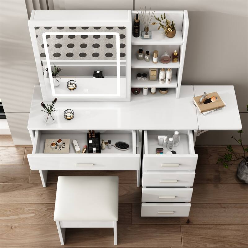 Vanity Desk with Mirror and Lights for Makeup, open shelves and Chair