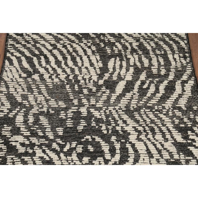 Black & White Moroccan Abstract Area Rug Hand-Knotted Wool Carpet - 4'0"x 6'2"