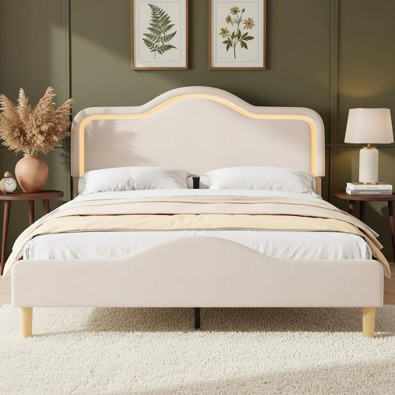 Bed Frame, Adjustable LED Headboard and Footboard - Beige - Queen