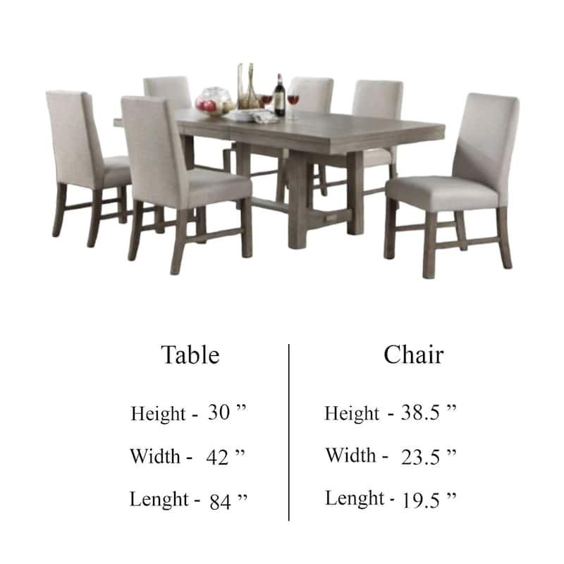 Genu 7pc Dining Table and Chair Set, 66-84 Extendable Top, Gray Fabric