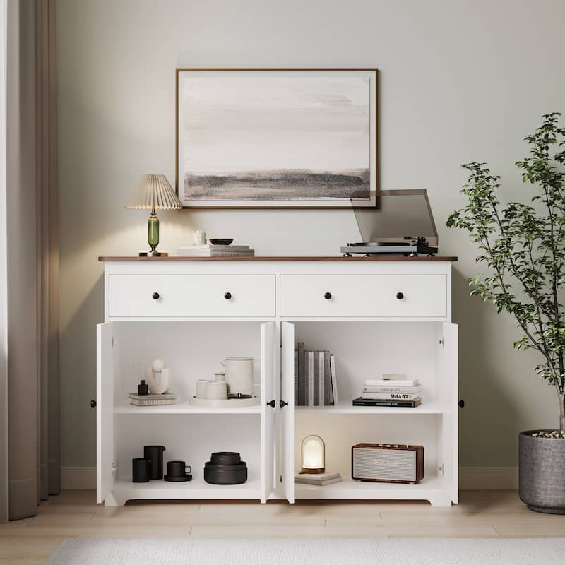 Modern Storage Sideboard Buffet Cabinet with 2 Drawers and 4 Doors for Living Room,Dining room,Kitchen,Coffee Bar, In White