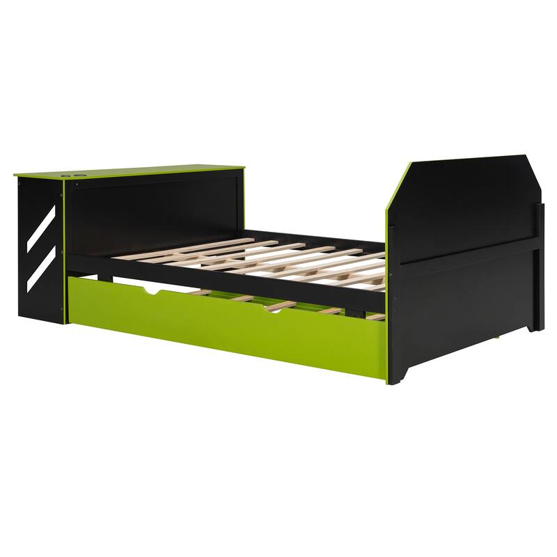 Full Daybed with Trundle, Wood Daybed with Built-in Desk and USB Charging Station, Twin Trundle Bed with Storage