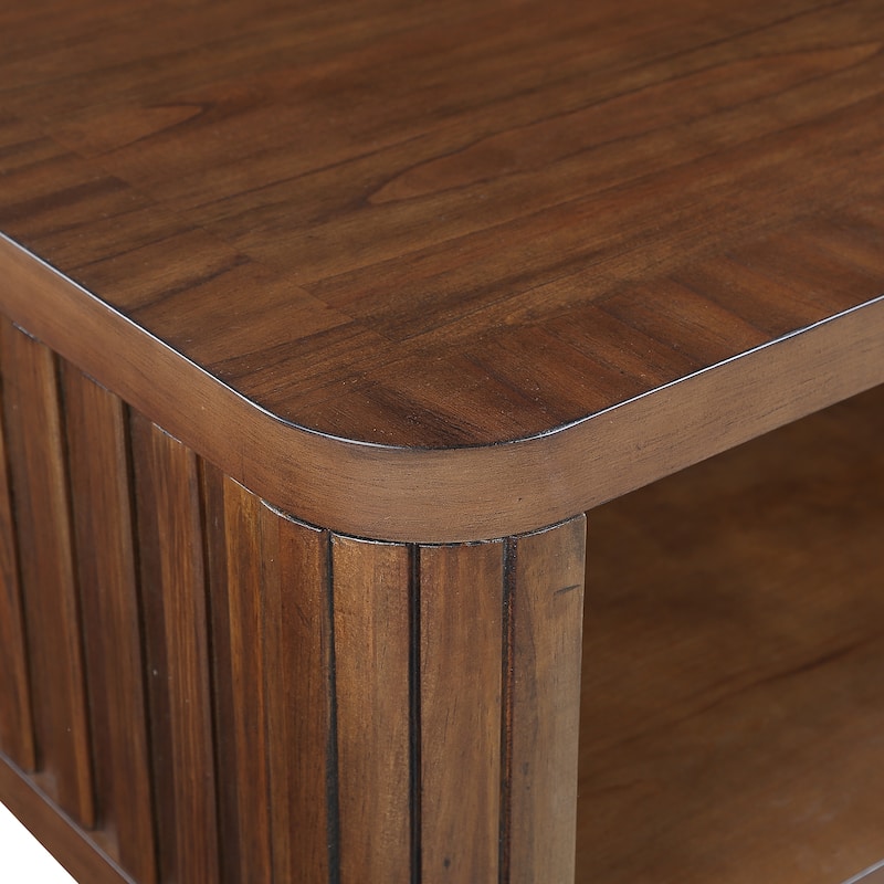 41.5" Rectangular Coffee Table, Solid Wood Fluted Coffee Table 2 Tier Storage Center Table Tea Table with Open Shelf