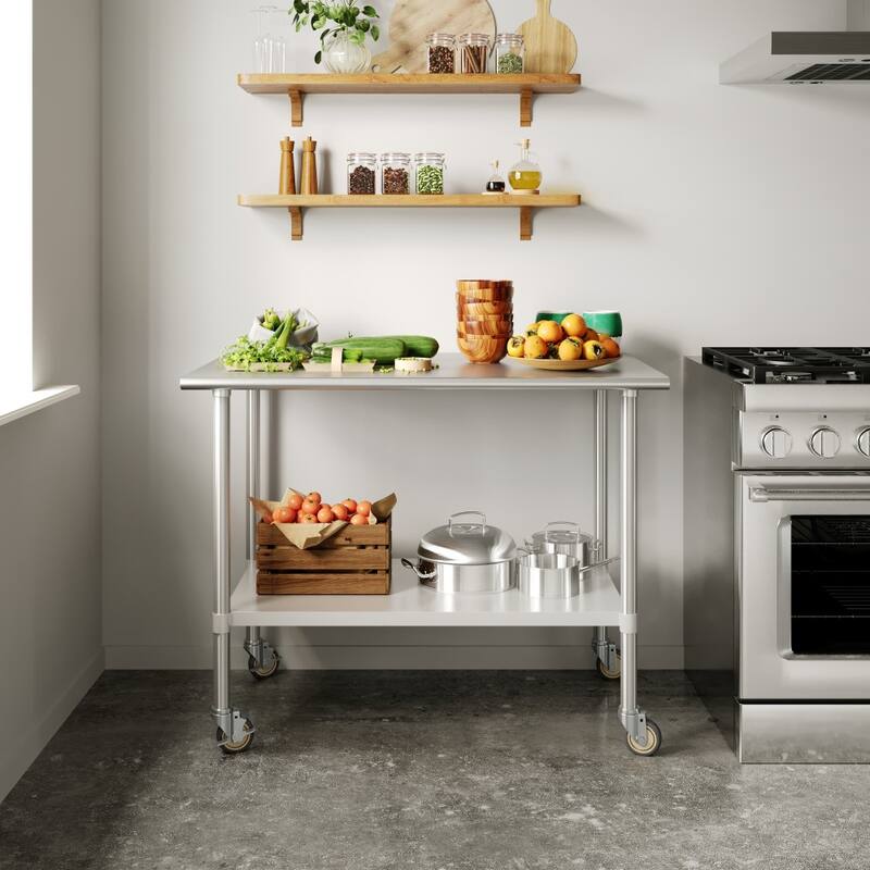 Commercial Stainless Steel 18 Gauge Worktable with Undershelf and Casters