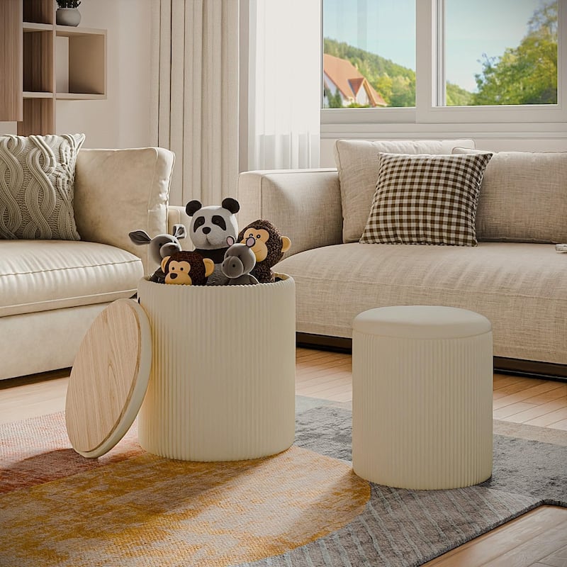 BOSSIN Round Ottoman with Storage Set of 2, Velvet Vanity Stool, Pouf Ottoman Foot Rest - Beige