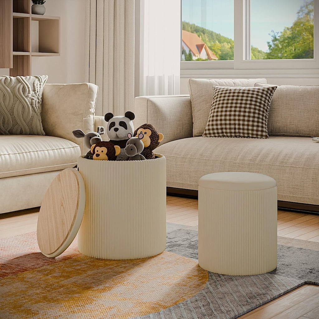 BOSSIN Round Ottoman with Storage Set of 2, Velvet Vanity Stool, Pouf Ottoman Foot Rest