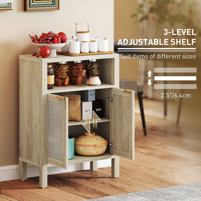 Rattan Sideboard with Adjustable Shelves and Golden Handles for Kitchen Dining and Living Room Storage