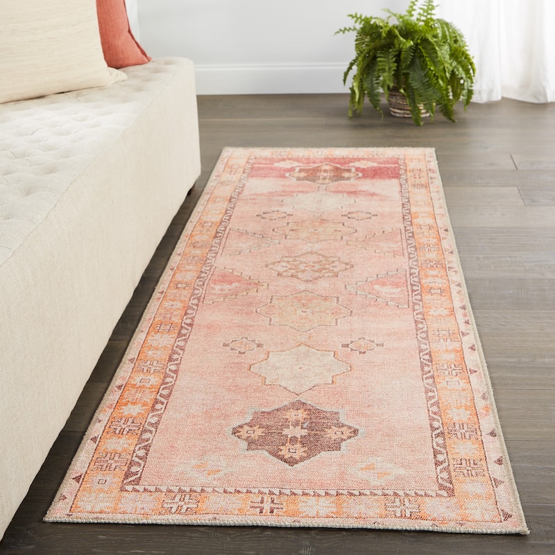 Bijou Machine Washable Medallion Pink/ Orange Area Rug
