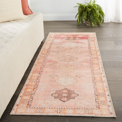 Bijou Machine Washable Medallion Pink/ Orange Area Rug