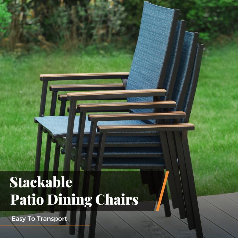 MAISON ARTS 4 Pieces Aluminium Stackable Patio Dining Chairs with Wooden Armest