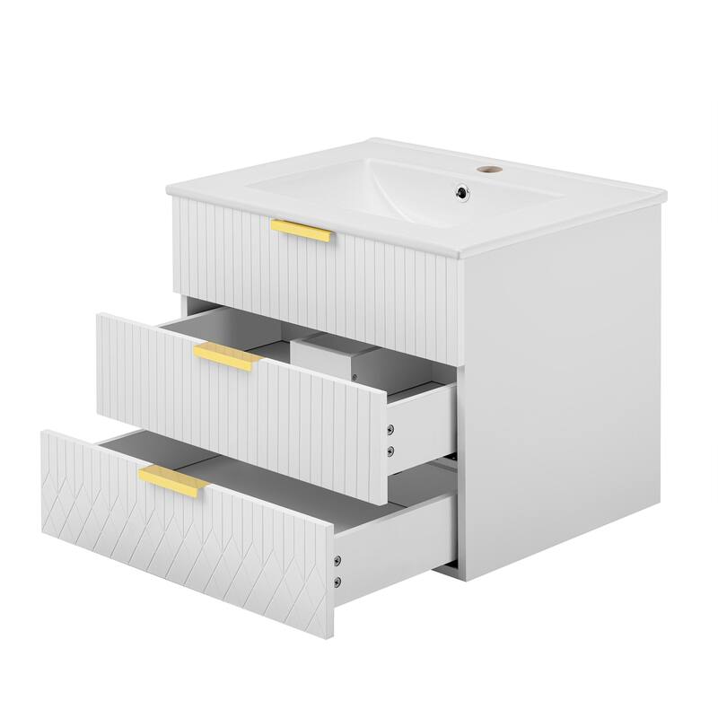 Roomfitters 24 Inch Wall Mounted Floating Vanity & Side Cabinet Combo, Modern Storage Station with Ceramic Basin Sink