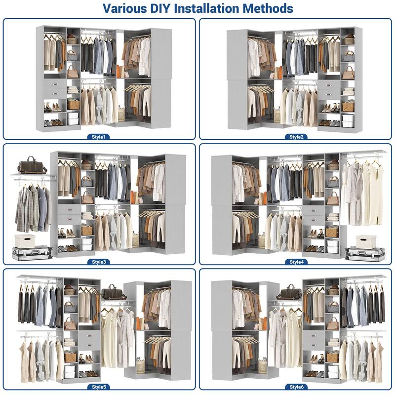 Rackcog 63’‘ - 127.5'' Closet System with Hanging Rods, Set of 2 Corner Closet Organizer with Drawers and Shelves