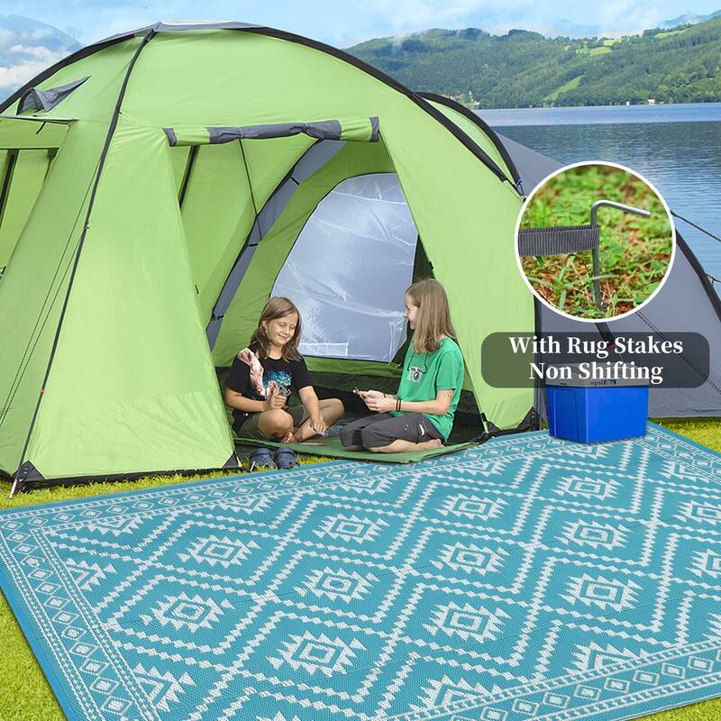 Outdoor Rugs Reversible Geometric Boho Plastic Straw Rug for Patio Camping Beach Deck Picnic Backyard