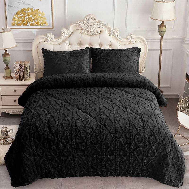 3 Pieces Sherpa Fleece Comforter Set Fluffy Comforter Bedding Set with 2 Pillowcases - Black - Queen