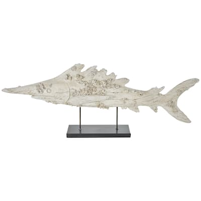 Polystone Fish Textured Decorative Sculpture with Brown Distressing and Black Metal Stand - Cream - Roche River Decor