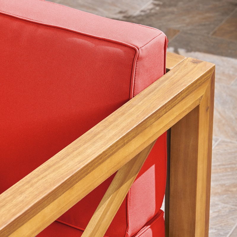 Roomfitters Outdoor Armchair with Acacia Wood Frame and Red Cushions, Patio Chair for Balcony or Garden