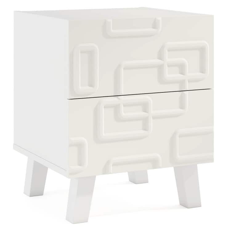 White Nightstand with 3D Geometric Drawer, 2 Drawers and Modern Design - White