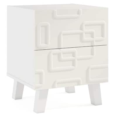 White Nightstand with 3D Geometric Drawer, 2 Drawers and Modern Design