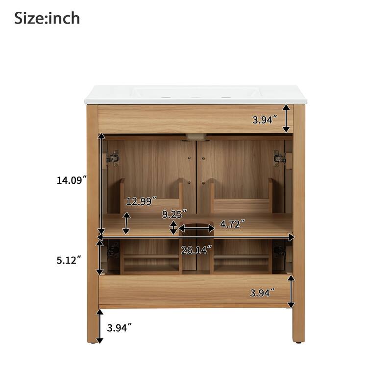 30" Wood Bathroom Vanity with Solid Wood Frame - 2 Soft-Close Doors, 1 Flip Drawer, Adjustable Shelf (Sink Not Included)