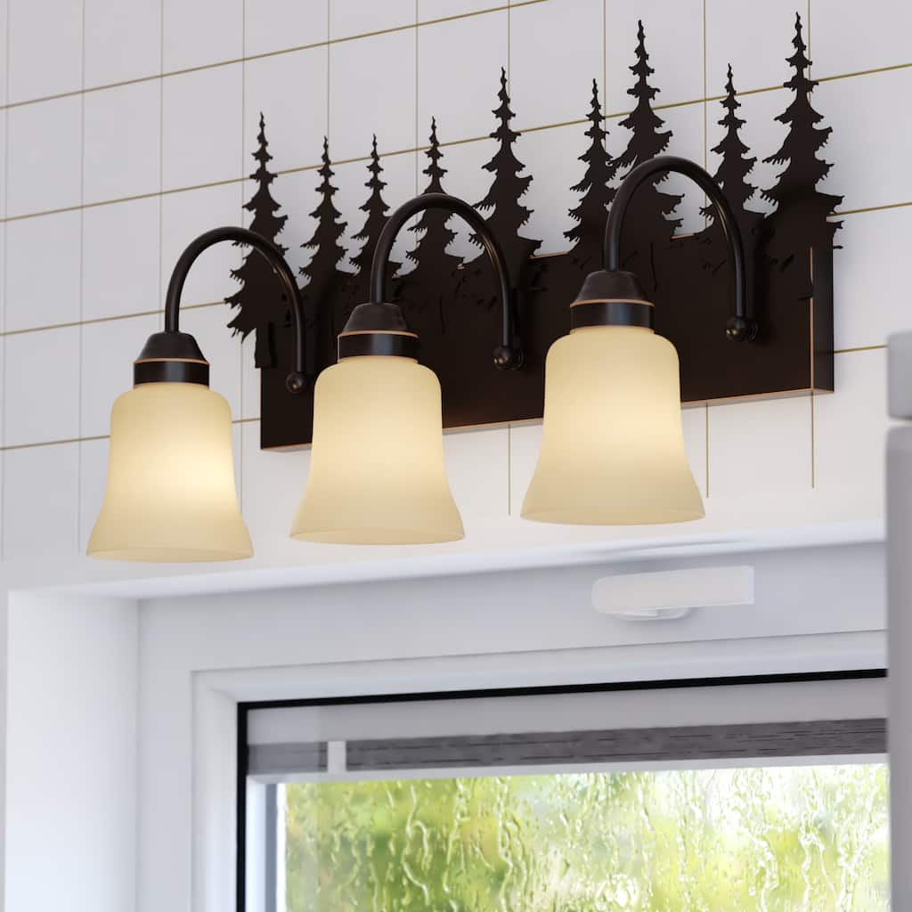 Yosemite 3-Light 24.75 in. W Burnished Bronze Rustic Cabin Bathroom Vanity Lighting Fixture Amber Flake Glass Shade, Tree Motif