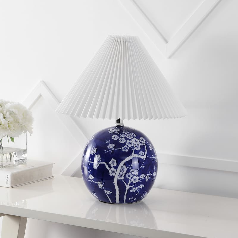 Alessio 19.5" Cottage Classic Chinoiserie Ceramic Orb LED Table Lamp with Pleated Shade, by JONATHAN Y