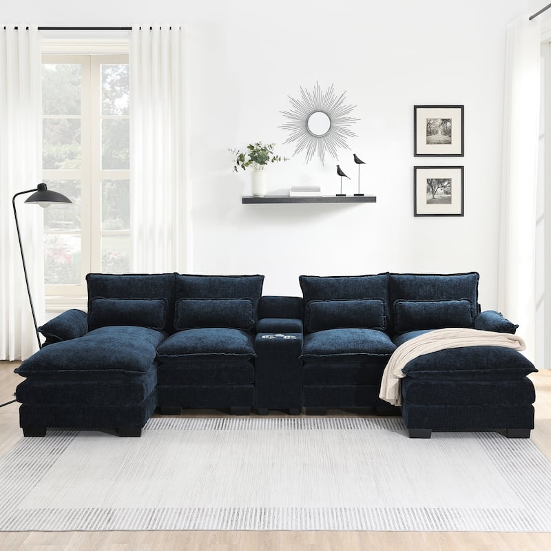 U-Shaped Symmetrical Sectional Sofa with Console, Chaise, USB Ports