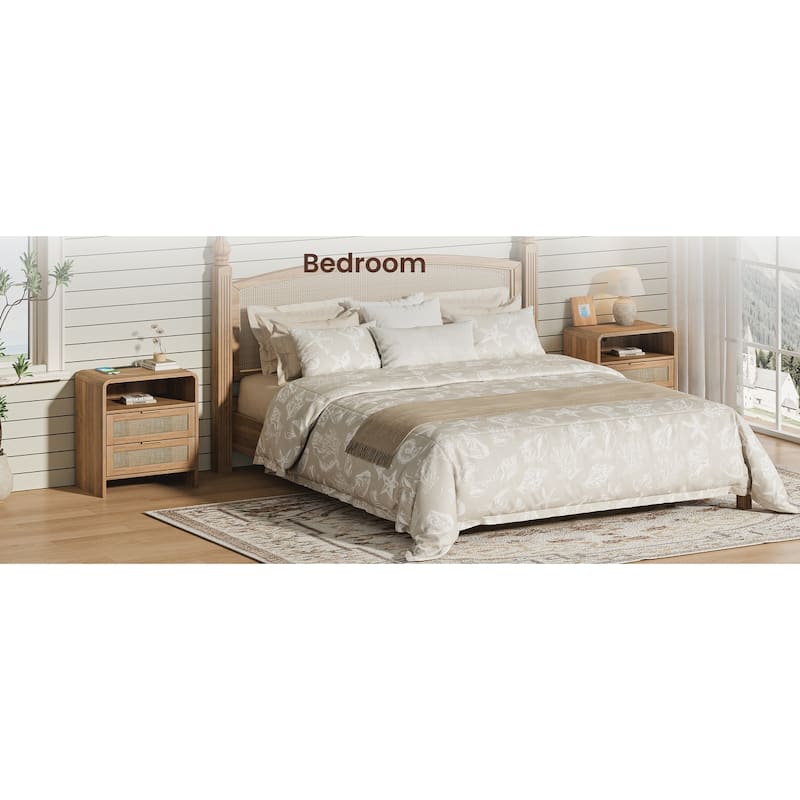 Rattan Nightstand with Charging Station Set of 2, 2 Drawers & Open Shelf, 22.8"Wide Curved Wooden Bedside Table