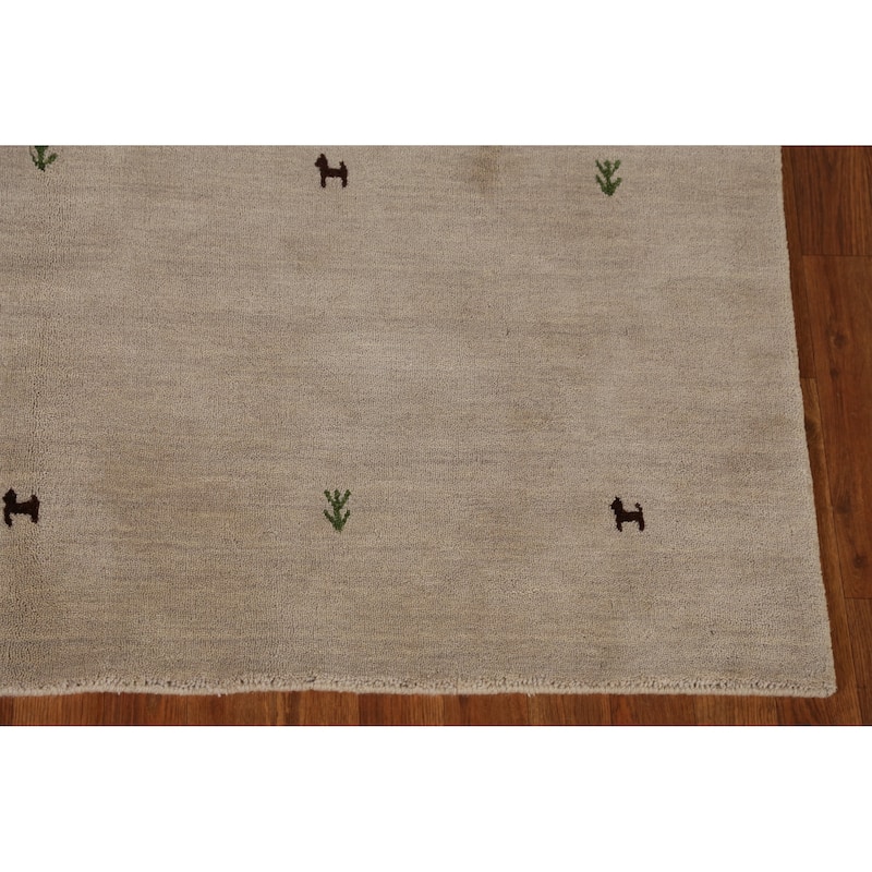 Hand Knotted Oriental 100% Wool Carpet Tribal Animal Pictorial Beige & Ivories Gabbeh Area Rug - 7' 7'' X 5' 4''