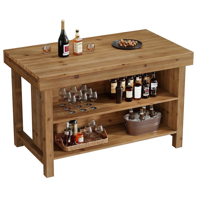 Solid Wood Bar Table, Open Storage Counter Height Pub Dining Table, Kitchen Dining/Living Room Basement Accent Bar Unit