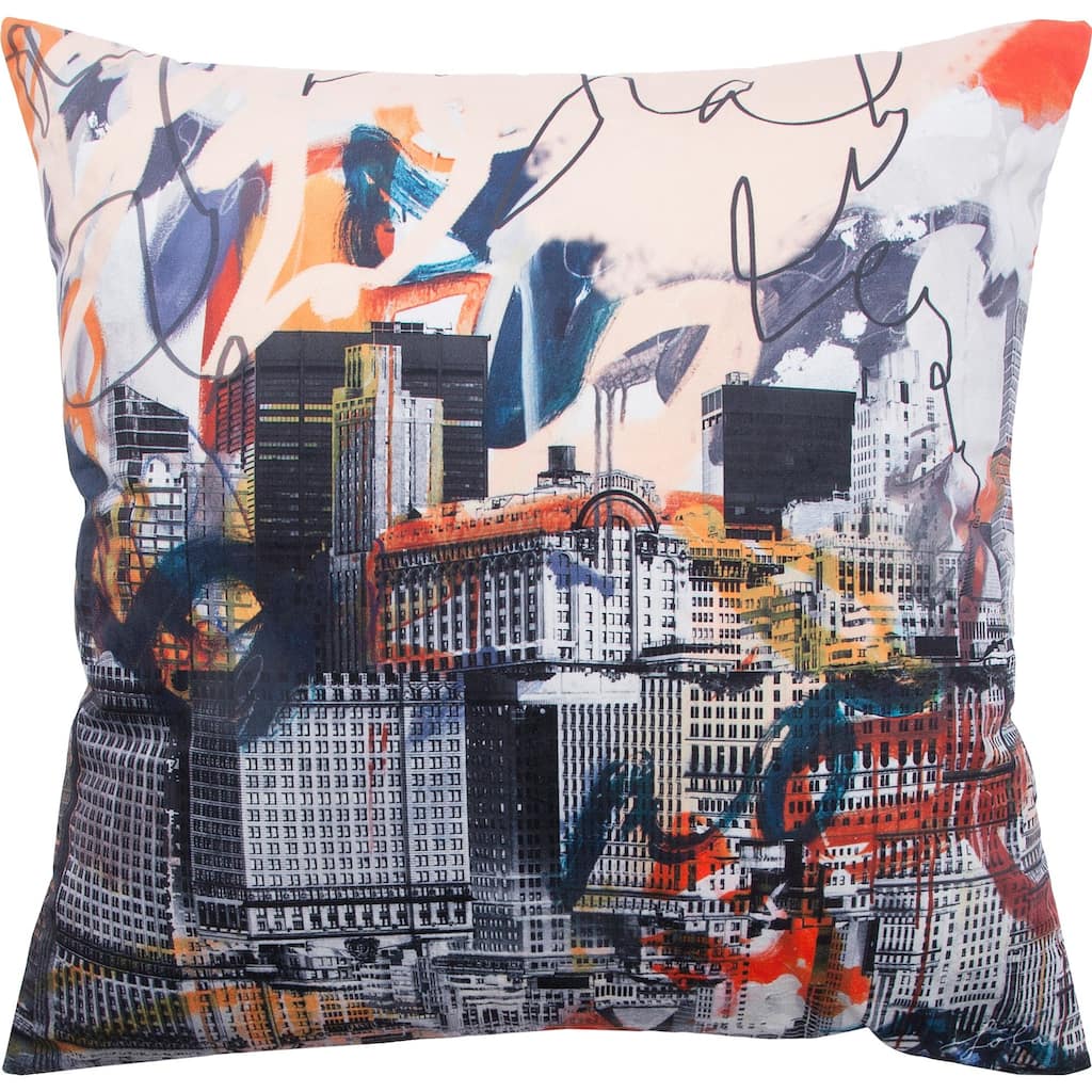 20" Blue and Red City Skyline Printed Square Throw Pillow